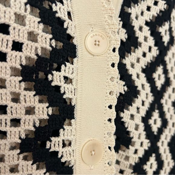 SANDRO Women’s Carla Crochet Short Sleeve Shirt Black & Cream - Picture 4 of 9